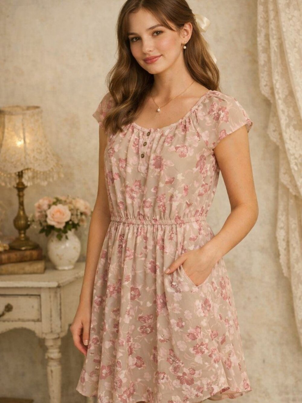 Lauren Conrad Capped Sleeve Floral Blush Pink and Beige Dress Size XS